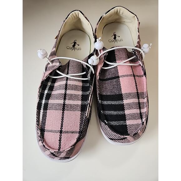 New Corkys Pink And Black Plaid Slip On Shoes. Womens Size 11 - Picture 1 of 3